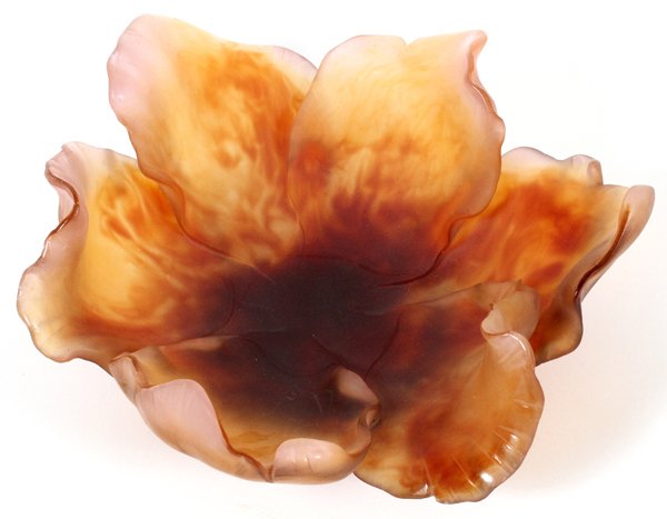 DAUM PATE DE VERRE TULIP BOWL: DAUM PATE DE VERRE TULIP BOWL, DIA 11 1/2":Amber in color. Signed. For a high resolution photo CLICK HERE