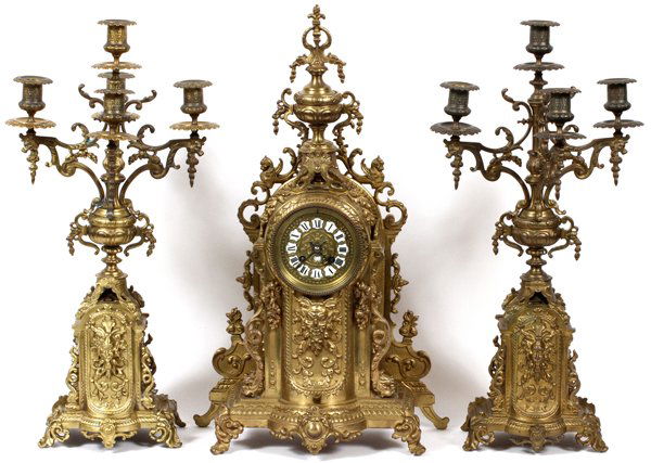 FRENCH GILT METAL CLOCK GARNITURE LATE 19TH C. (1 of 6)