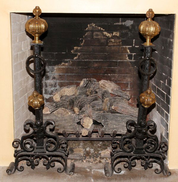 BRONZE & WROUGHT IRON ANDIRONS, C. 1920, PAIR (1 of 2)