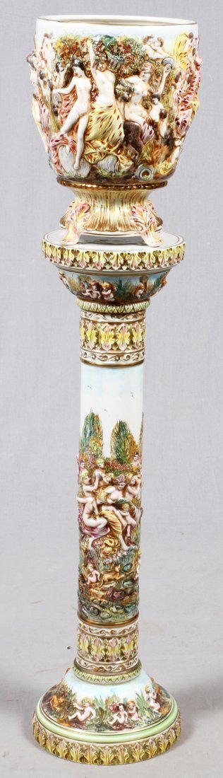 R.CAPODIMONTE ITALIAN POTTERY JARDINIÈRE & PEDESTAL: R. CAPODIMONTE, ITALIAN POTTERY JARDINIÈRE & PEDESTAL, H 15" & 39":Including 1 jardinière, H.15", atop 1 pedestal, H.39" (overall height is 54"). Made in Italy. For a high resolution photo