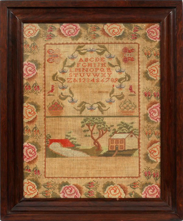 EMBROIDERED PICTORIAL & PHRASE SAMPLER 1827 (1 of 2)