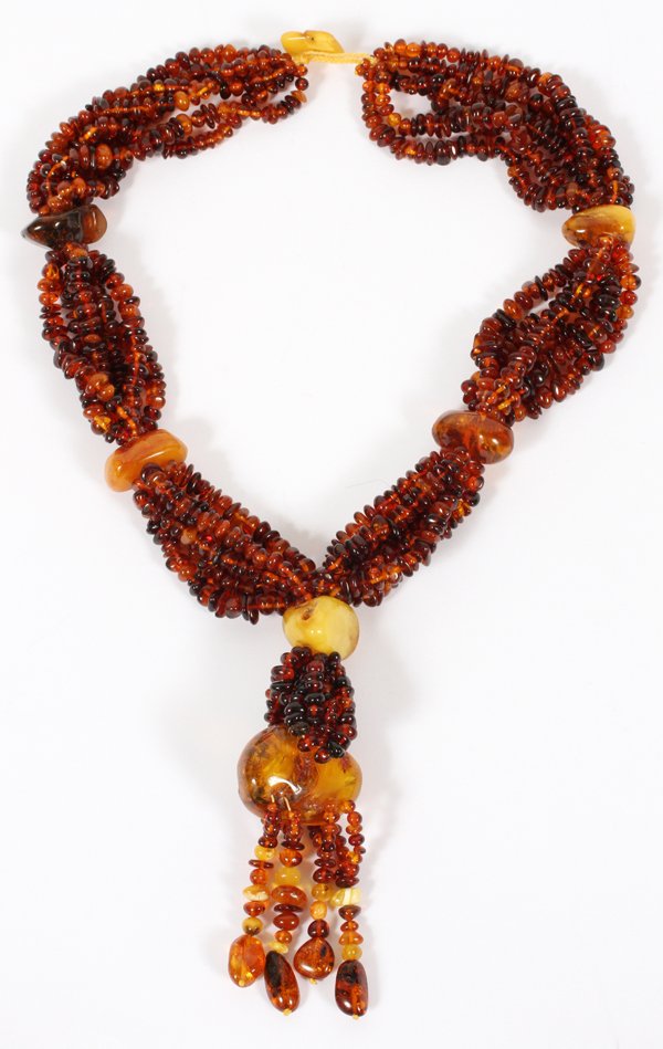 AMBER BEAD NECKLACE W/ TASSEL: AMBER BEAD NECKLACE WITH TASSEL, L 24":Tassel length 5". For a high resolution photo CLICK HERE