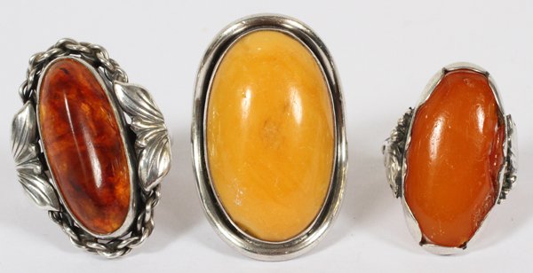 AMBER & STERLING RINGS, THREE (1 of 1)