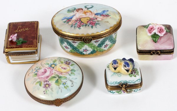 LIMOGES HAND PAINTED PORCELAIN BOXES, FIVE (1 of 2)