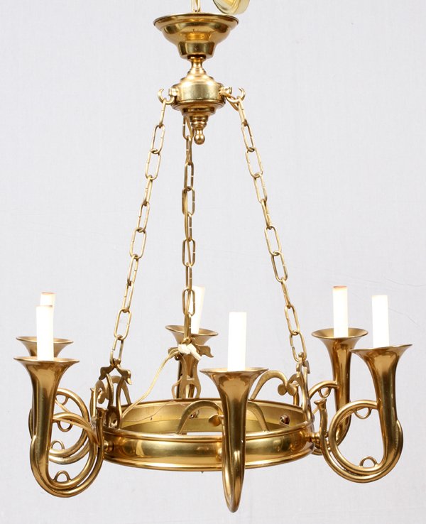 FRENCH HORN STYLE BRASS SIX-LIGHT CHANDELIER (1 of 2)