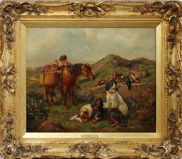 JAMES HARDY JR. OIL ON CANVAS 1872: JAMES HARDY JR. OIL ON CANVAS, 1872, 23" X 28" AFTER THE HUNT:Signed J. Hardy, '72. James Hardy Jr was active in the United Kingdom. James Hardy II is known for dog and game, hunting scene, genre pain