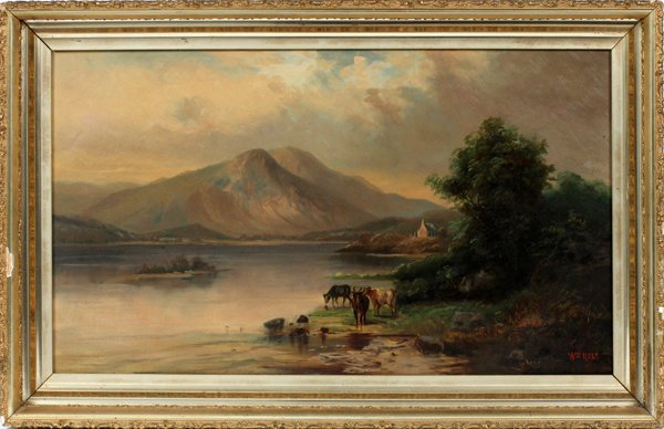 WILLIAM HART OIL ON CANVAS: WILLIAM HART OIL ON CANVAS CATTLE WATERING WITH MOUNTAINS IN BACKGROUND H 18" W 32":18" x 32" For a high resolution photo CLICK HERE