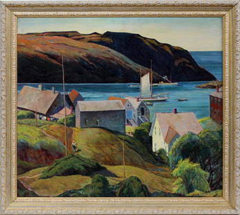 GEORGE G. ADOMEIT OIL ON MASONITE: GEORGE G. ADOMEIT OIL ON MASONITE NEW ENGLAND COASTAL TOWN H 29" L 33":American/German 1899/1967 From estate of Robert G.Adomeit grand nephew of Artist George Adomeit Am/German 1879-1967 Cleveland Ohi