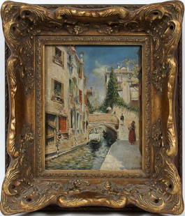 N. BERTIN OIL ON BOARD: N. BERTIN, OIL ON BOARD, H 9 1/4", W 7 1/2":Depicting a canal scene and bridge. Framed and signed in the lower right corner, overall H.16" by 13 1/2". For a high resolution photo