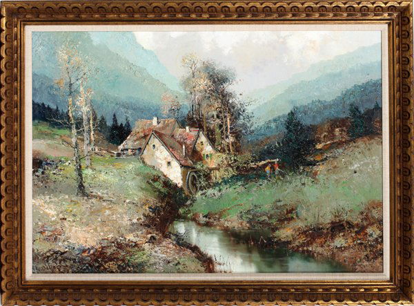 WILLI BAUER OIL ON CANVAS, COTTAGE W/ STREAM (1 of 3)