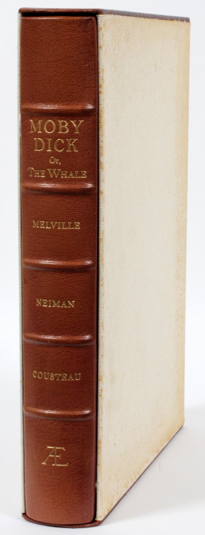 MOBY DICK AUTOGRAPHED BY NEIMAN & COUSTEAU: "MOBY DICK OR THE WHALE", AUTOGRAPHED BY NEIMAN & COUSTEAU, LIMITED EDITION, #1127/1500, LEATHER BOUND BOOK, BY MELVILLE, 1975, H:Autographed leather bound volume of "Moby Dick Or The Whale" by Herman