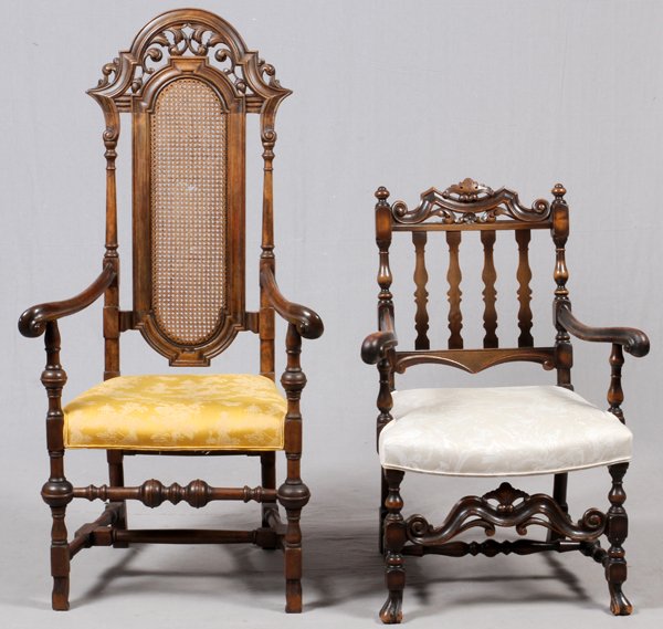 ENGLISH HAND CARVED ARMCHAIRS C. 1900, TWO (1 of 3)