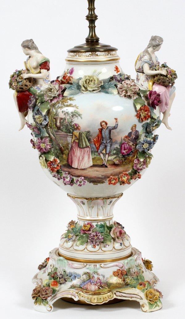 MEISSEN STYLE PORCELAIN URN-FORM FIGURAL LAMP (1 of 6)