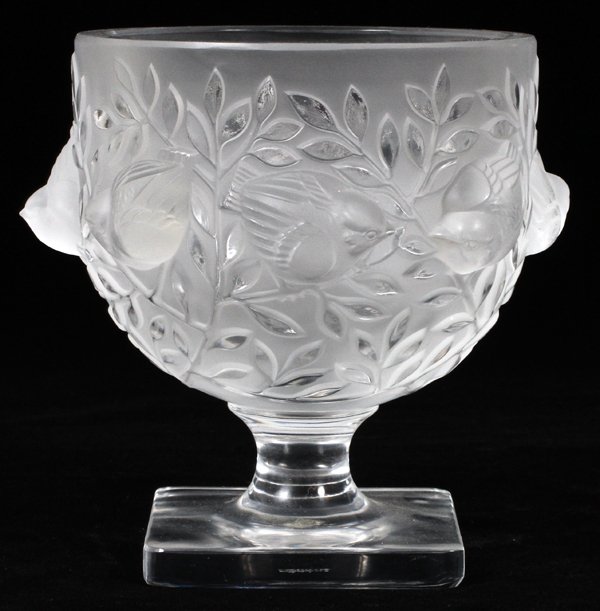 LALIQUE 'ELISABETH' FROSTED GLASS COMPOTE: LALIQUE 'ELISABETH' FROSTED GLASS COMPOTE, H 5 1/2":Molded birds among leafy branches, raised on a square foot; signed "Lalique France". For a high resolution photo