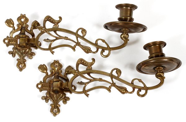 BRASS SINGLE-LIGHT CANDLE SCONCES 19TH C. PAIR (1 of 1)