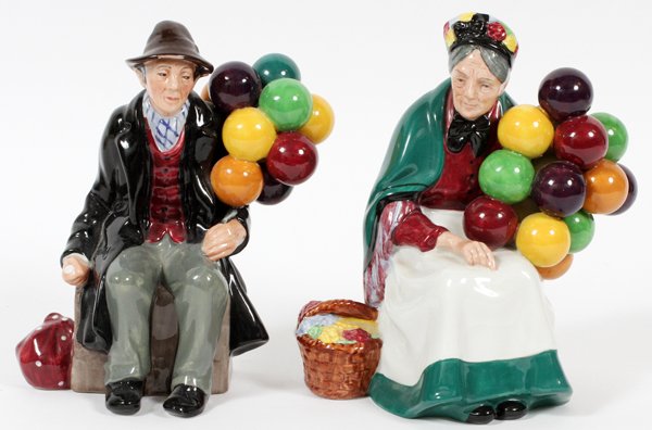 ROYAL DOULTON PORCELAIN FIGURES, TWO: ROYAL DOULTON PORCELAIN FIGURES, TWO, H 7 1/2", 'THE OLD BALLOON SELLER' & 'THE BALLOON MAN':Including "The Balloon Man", HN 1954, and "The Old Balloon Seller", HN 1315. For a high resolution photo