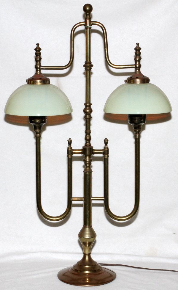 BRASS & OPALESCENT GLASS TWO-LIGHT LAMP C. 1900 (1 of 2)