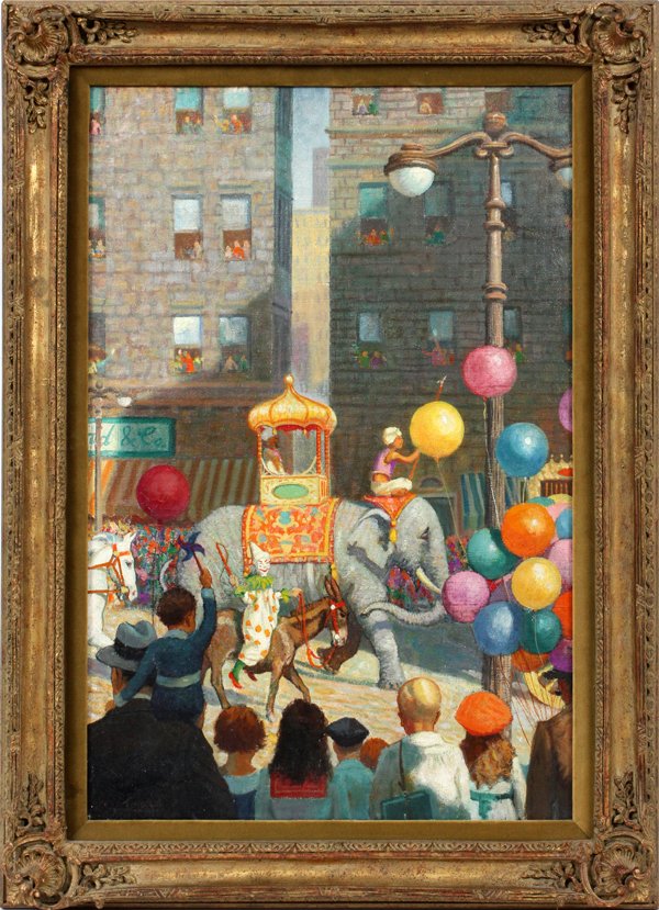 PETER HURD OIL ON CANVAS: PETER HURD (AMERICAN, 1904-1984), OIL ON CANVAS, H 30", W 20", A CIRCUS COMING TO TOWN:Signed lower left; later gilt frame. Partial illegible pencil inscription on verso of the right hand stretcher ba