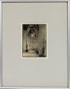 FREDERICK HENRY EVANS PLATINUM PRINT, CATHERDRAL: FREDERICK HENRY EVANS, PLATINUM PRINT, "CATHEDRAL INTERIOR" GLOUCESTER CATHEDRAL NAVE, SOUTH SIDE TO EAST, C. 1900, H 6", W 4 1/2":Titled on verso; framed. For a high resolution photo
