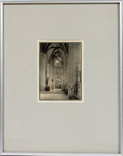 FREDERICK HENRY EVANS PLATINUM PRINT, CATHERDRAL: FREDERICK HENRY EVANS, PLATINUM PRINT, "CATHEDRAL INTERIOR" GLOUCESTER CATHEDRAL NAVE, SOUTH SIDE TO EAST, C. 1900, H 6", W 4 1/2":Titled on verso; framed. For a high resolution photo CLICK HERE