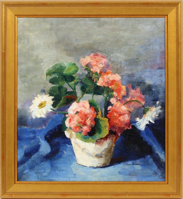 LEON SCHULMAN GASPARD OIL ON CANVAS: LEON SCHULMAN GASPARD OIL ON CANVAS, H 18", L 20", STILL LIFE OF FLOWERS:Leon Schulman Gaspard [American/Russian, 1882-1964]. A still life of flowers featuring potted daisies and gardenias. Signed low