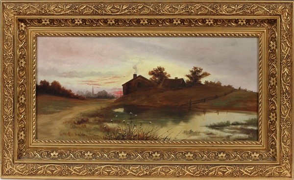 OIL ON CANVAS CIRCA EARLY 20TH C.: OIL ON CANVAS, CIRCA EARLY 20TH C., H 11.5", L 25", FARM LANDSCAPE:An unsigned farm landscape at sunset having a pond in the foreground, a farmhouse with smoke coming out of the chimney and a church s