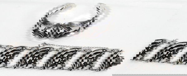 STERLING CUFF & FLORAL LINK BRACELETS: HAND-MADE STERLING CUFF AND FLORAL LINK BRACELETS, TWO:Having 1 link bracelet with flowers, and 1 cuff bracelet.