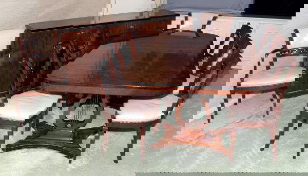 ROBERT IRWIN EMPIRE STYLE MAHOGANY DINING SET: ROBERT IRWIN EMPIRE STYLE MAHOGANY DINING SET: TABLE, 5 LEAVES, SIDEBOARD, 8 CHAIRS, 10 PIECES TOTAL:Includes table, W 45", L 70" with five leaves, 11" each, 6 side chairs, and 2 open arm host chairs