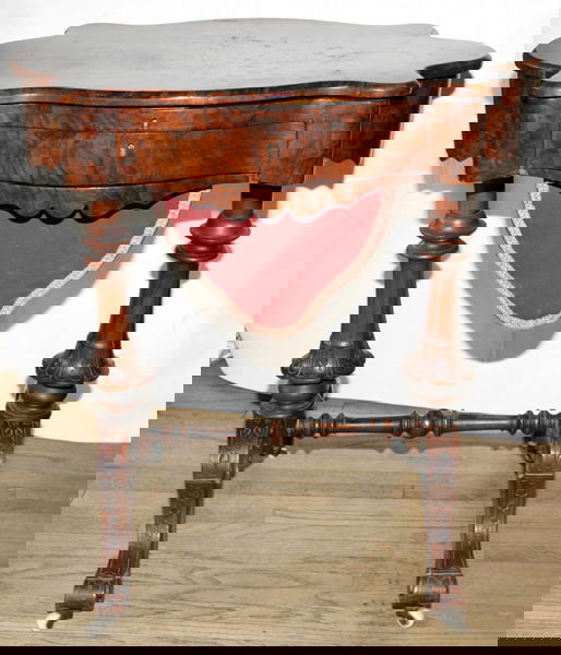 ENGLISH BURL WALNUT WRITING & SEWING TABLE: ANTIQUE ENGLISH BURL WALNUT WRITING AND SEWING TABLE, C.1850, H 30", W 24", D 18":