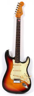 1961 FENDER STRATOCASTER 'CONTOUR BODY' GUITAR: 1961 FENDER STRATOCASTER 'CONTOUR BODY' ELECTRIC GUITAR, #59802, 1961, L 39":1961 Fender Stratocaster 'Contour Body' electric guitar, #59802 (1961), Sunburst solid body with three pick-ups and