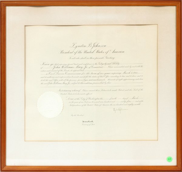 LYNDON B. JOHNSON APPOINTMENT DOCUMENT 1965: LYNDON B. JOHNSON, APPOINTMENT DOCUMENT, 1965, H 16", W 18":Document signed 3-4-1965. Appointment John Williams Macy, Jr. of Connecticut as a Civil Service Commissioner. Purchased 12-14-1993 from Nort