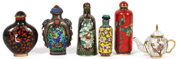 CHINESE CLOISONNÉ SNUFF BOTTLES AND TEAPOT (1 of 2)