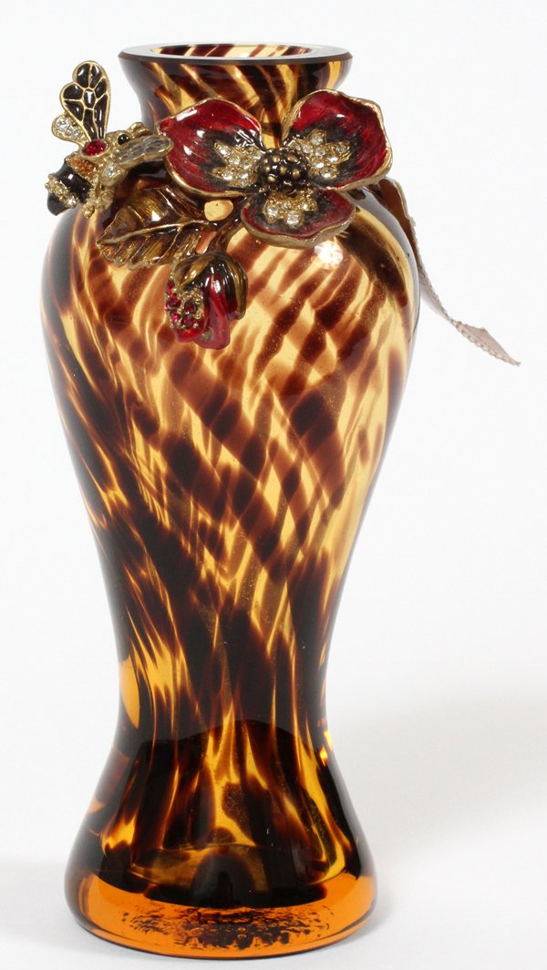 JAY STRONGWATER SWIRL HONEY COLOR AND ENAMEL VASE: JAY STRONGWATER SWIRL HONEY COLOR AND ENAMEL VASE H 6":Swarovski crystal flower with bee. For a high resolution photo CLICK HERE