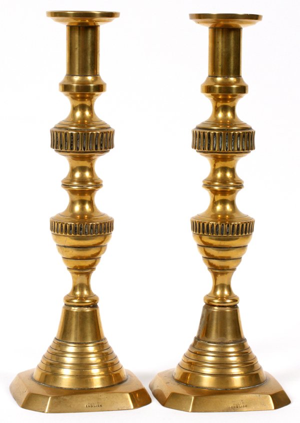 ENGLISH BRASS PUSH-UP STYLE CANDLESTICKS C. 1890 (1 of 2)