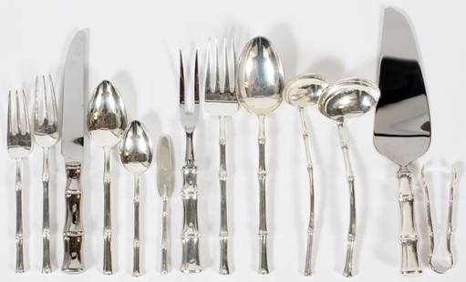 TIFFANY & CO. 'BAMBOO' STERLING FLATWARE 92 PIECES: TIFFANY & CO. 'BAMBOO' STERLING FLATWARE, 92 PIECES:Including 1 cold meat fork, L.8 3/8", 1 serving fork, 2 serving spoons, 2 cream sauce ladles, 1 gravy ladle, 1 cake/pie server, L. 10 1/4", 1 sugar