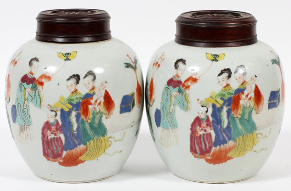 CHINESE POTTERY GINGER JARS, PAIR (1 of 3)