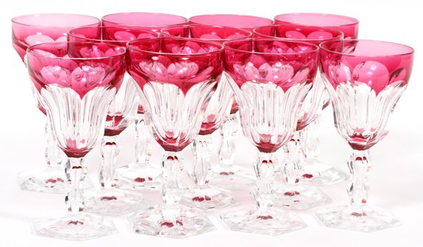 PINK TO CLEAR GLASS LIQUOR GLASSES, ELEVEN: PINK TO CLEAR GLASS LIQUOR GLASSES, ELEVEN, H 5 1/8":A set of eleven liquor glasses, measuring H.5 1/8". No apparent markings. For a high resolution photo CLICK HE