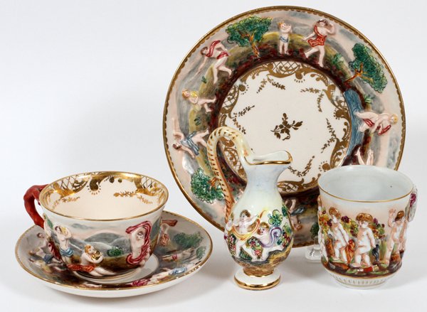 CAPODIMONTE POTTERY CUPS & SAUCERS, FIVE PIECES (1 of 2)