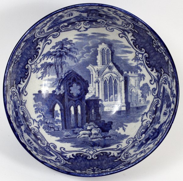GEORGE JONES ABBEY STAFFORDSHIRE BOWL: GEORGE JONES "ABBEY" STAFFORDSHIRE BOWL, H 5", DIA 9 1/4":George Jones & Sons commemorative of pattern of 1790. For a high resolution photo CLICK HERE