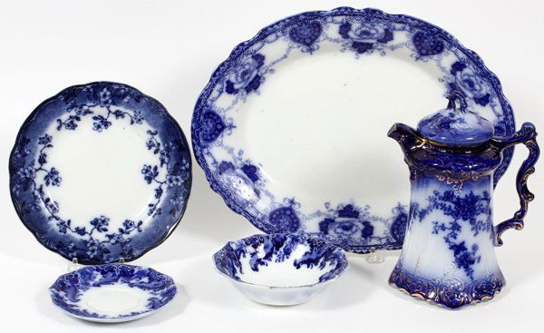 FLOW BLUE PORCELAIN TABLEWARE, FIVE PIECES (1 of 2)