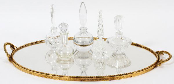 CRYSTAL PERFUME BOTTLES & TRAY, SIX PIECES (1 of 2)