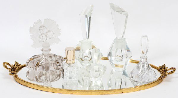 CRYSTAL PERFUME BOTTLES & TRAY, 7 PIECES (1 of 2)