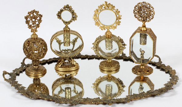 GILT METAL PERFUME BOTTLES & TRAY (1 of 1)