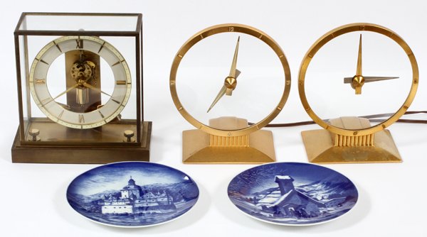 3 BRASS MANTLE CLOCKS & TWO DECORATIVE PLATES (1 of 1)