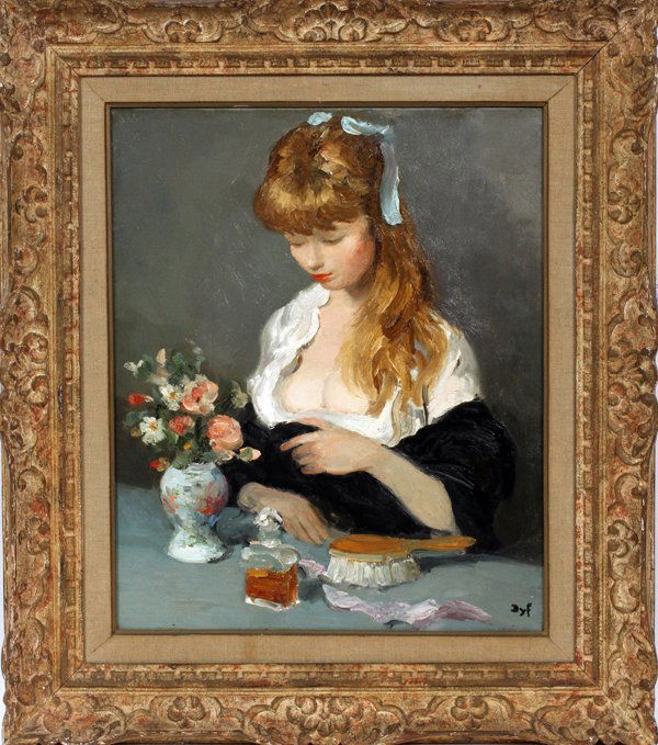 MARCEL DYF OIL ON CANVAS: MARCEL DYF (FRENCH, 1899-85) OIL ON CANVAS, H 21 1/2", W 18" CLAUDINE:Claudine with flowers, perfume and brush. Signed lower right and framed. Arthur James Galleries, Delray Beach, FL label on verso.
