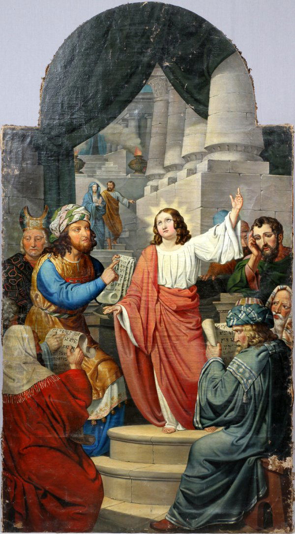 OIL ON CANVAS CHRIST PREACHING IN TEMPLE C. 1900 (1 of 3)