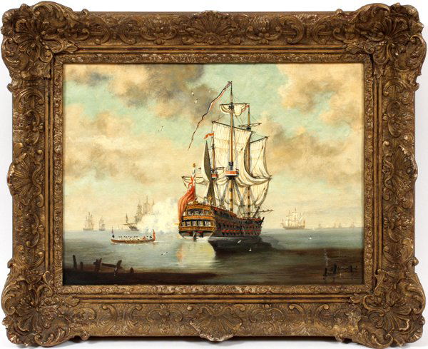 EUROPEAN OIL ON WOOD PANEL C. 1900: EUROPEAN OIL ON WOOD PANEL, C. 1900, H 12", W 16", 17TH/18TH C. GUNSHIPS ON THE WATER:Partially illegibly signed lower right (B. _ sensfo_d); gilt frame. For a high resolution photo