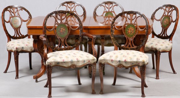 ROBERT IRWIN FURNITURE DINING ROOM SET: ROBERT IRWIN FURNITURE [GRAND RAPIDS, MI.] INLAID AND HAND PAINTED DINING ROOM SET 11 PCS.:Mahogany and hand painted dining set including 1 dining table, 31" H. x 69" W. x 46" D, 1 arm chair, 5 side c