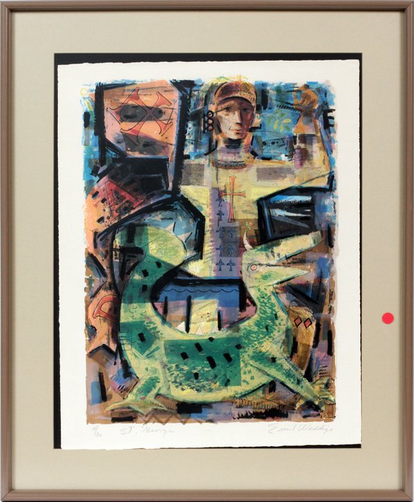 EMIL WEDDIGE COLORED LITHOGRAPH "ST. GEORGE": EMIL WEDDIGE, COLORED LITHOGRAPH, "ST. GEORGE", H 25 3/4", W 20":Signed lower right. Numbered 11/30. Incised stamp. Framed and matted under glass. For a high resolution photo