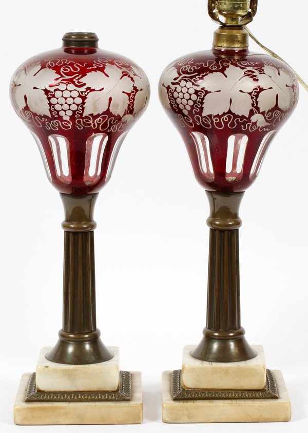 RUBY GLASS BRASS & MARBLE LAMPS, PAIR (1 of 2)